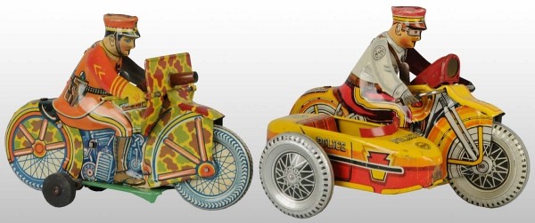 Lot of 2: Tin Litho Marx Motorcycle Wind-Up Toys.: American. Working. Includes one Police Siren Motorcycle with sidecar and one Camouflage Rider. Some minor scratching and wear. Plastic windshield is missing from sidecar. Each: 8 - 1/2" L. (Very Good 