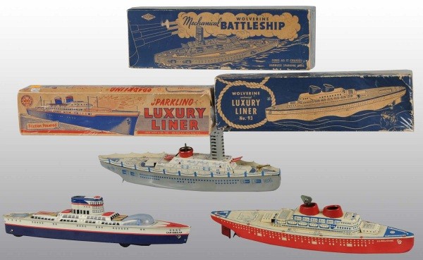Lot of 3: Tin Litho Boat Toys.: American. Includes one friction Marx Luxury Liner and two wind-up Wolverine Battleships. Nice lithography and very little wear. Includes all original boxes with missing end flaps on Marx box. Largest: