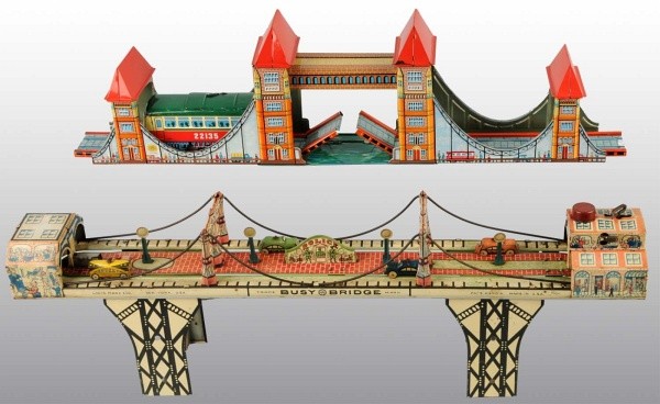 Lot of 2: Tin Litho Bridge Toys.: Includes one Marx wind-up Busy Bridge and one battery-operated Japanese Tower Bridge with trolley car. Nice colorful tin lithography. Busy Bridge has some fading to top. Each: 24" L. (Very Good).