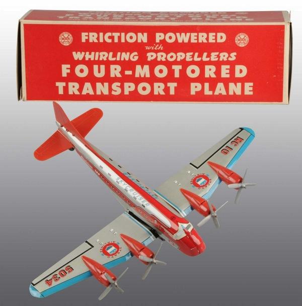 Tin Marx Transport Airplane Friction Toy.: American. Working. Four motor variation. Fuselage and wings are tin with plastic fins, engines, and props. Props spin while airplane is in motion. Nice lithography reads "Sky Cruiser" and "Stratoliner