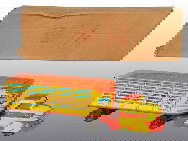 Tin Litho Marx Marcrest Livestock Truck Toy.: American. Tractor trailer truck with cows lithographed on both sides of rear and original opening tailgate. Marked "No. 303" on rear. Some box rubbing and wear to roof. Includes original box marked "N