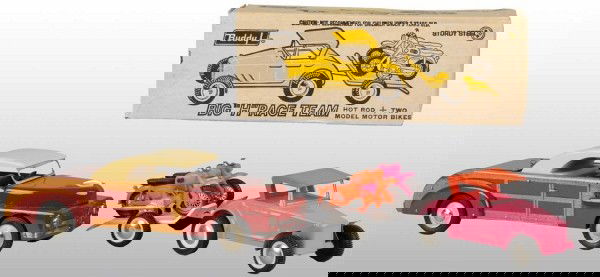 Lot of 2: Buddy L Vehicle Toys.: American. Circa 1940s. Includes one wooden Woody Station Wagon with opening trunk and one pressed steel and plastic No. 5213 Big H Race Team Set with Hot Rod pulling a trailer carrying two motorcycles