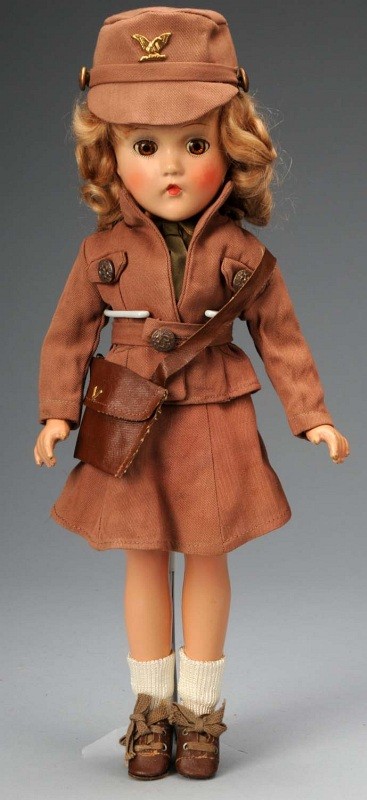 Very Desirable Madame Alexander WAAC Doll.: American, Ca. 1940. Signed on head, all composition (light crazing on face), original blonde mohair wig, brown sleeping eyes (lashes missing from one), closed mouth, rosy cheeks. All original brown un