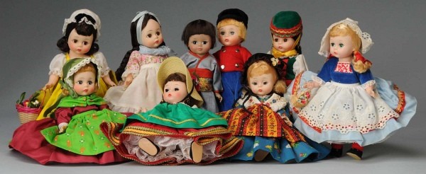 Lot of 9: Madame Alexander International Dolls.: American, Ca. 1960-1970s. Bent-knee Italian, Denmark, Dutch boy, Germany, Argentina Girl, Czech, French, and Maggie Face Japan, also a Bent-knee walker Dutch Girl. All are original with clothing tags.