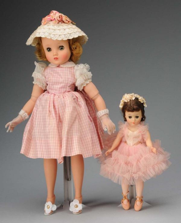 Lot of 2: Madame Alexander Dolls.: American, Ca. 1960s. "Elise" with blonde hair, lashed blue eyes, rosy cheeks, tagged pink and white taffeta dress, straw hat, shoes. "Cissette" pink ballerina, brown hair, blue eyes, all original. Lar