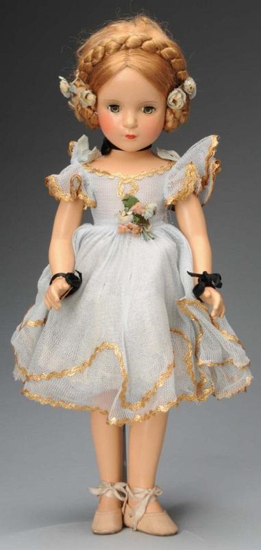 Madame Alexander "Karen Ballerina" Doll.: American, Ca. 1946. All composition (light facial crazing) with Margaret face, eye shadow, clear lashed sleeping eyes, closed mouth, rosy cheeks, floss wig with side coiled braids, one across head, an