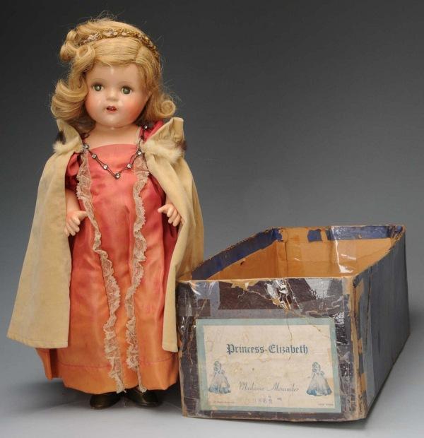 Boxed Madame Alexander "Princess Elizabeth" Doll.: American, Ca. 1937. All composition (overall crazing) with lashed sleeping eyes (crackled), blonde human hair wig, open mouth with teeth, rosy cheeks. Tagged rose taffeta gown (some fading and soil in