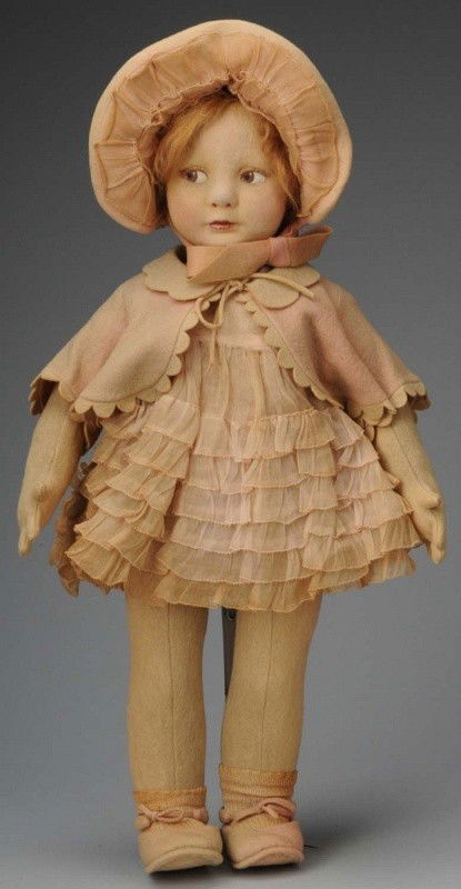 Rare Chubby Cloth Lenci "Flora" (500 Series) Doll: Italy, Ca. 1930s. Molded felt face with large brown side-glancing eyes, closed mouth, short strawberry blonde mohair wig, all original in pink organdy ruffled dress and pink felt jacket, matching hat,