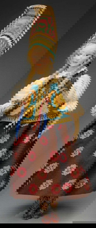 Large and Rare Lenci Russian Lady Doll.: Italy, Ca. 1920s. #250 "Katinka." Lovely face (some professional restoration) with brown side-glancing eyes, blonde mohair braids with coiled ribbons (some hair loss at center part in front), lovely c