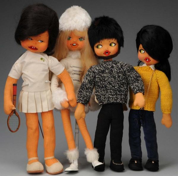 Lot of 4 Felt Character Dolls.: European, Ca. 1960s. Molded felt faces with painted eyes and O mouths, mohair-type wigs. Tagged Lenci Italy Bearded Hippy (moth hole on cheek), Creciones N. Charques Spain Tennis Player; Lenci Italy g