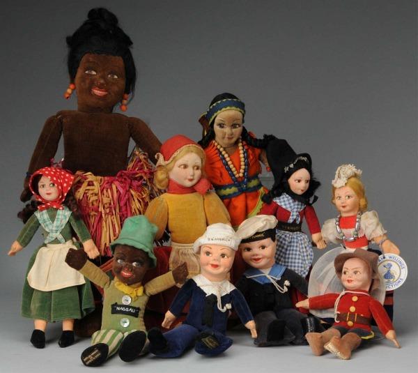 Lot of 10: Norah Wellings Cloth Dolls.: England, Ca. 1930-1950. All Cloth with character faces. Canadian Mountie, Sailor S.S. America, Sailor M.V. Britannic, American Indian, Bermuda girl, Handkerchief holder, Miss Smith, Swiss girl, black 