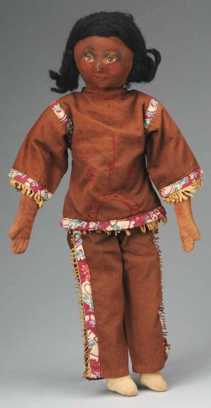 Pair of Michigan WPA Toy Project Dolls.: American Ca. 1930s. Works Progress Administration. All cloth dolls with hand painted faces with seam down center, jointed shoulders and hips, stamped on backs "Michigan State Wide WPA Toy Project Spon
