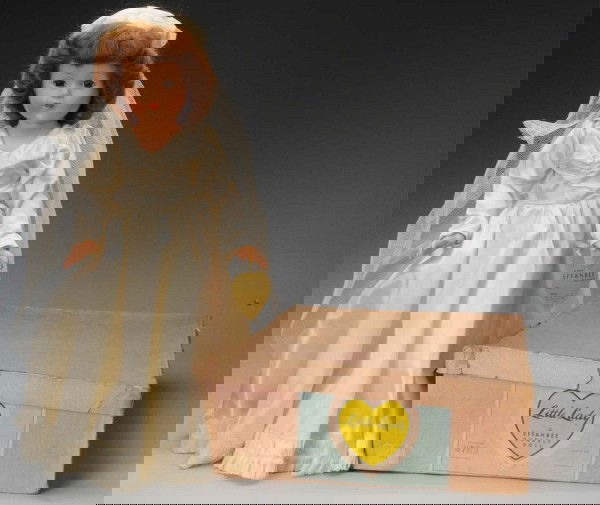 Lovely Effanbee "Anne Shirley/Little Lady" Bride.: American, Ca. 1940s. All composition, auburn mohair wig, clear lashed brown sleeping eyes, rosy cheeks, closed mouth, perfect separate fingers. Factory original satin bridal gown with tulle veil (some