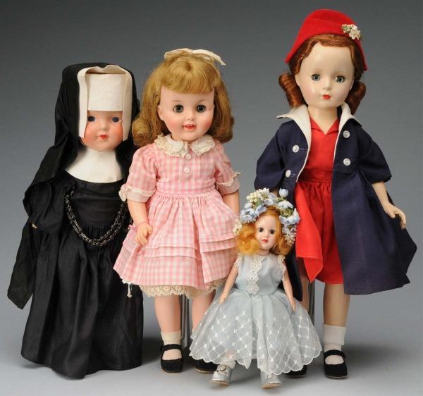 Lot of 4: American Dolls.: Ca. 1930-1960. Composition nun with painted eyes, rosy cheeks, all original outfit. Richwood Toys "Sandra Sue" hard plastic, original blonde wig and blue sleeping eyes. Madame Alexander vinyl "Melinda
