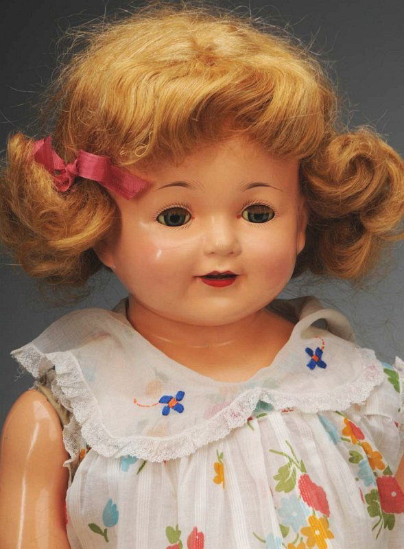 Large Effanbee "Marilee" Mama Doll.: American, Ca. 1924. Composition shoulder head, arms and lower legs, cloth torso and upper legs (peeling on hands, overall medium crazing, cracks on legs), clear lashed blue sleeping eyes, open mouth (
