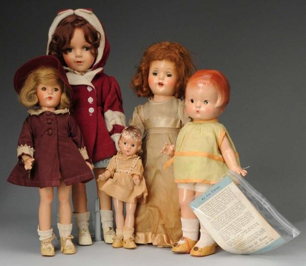 Lot of 5: Composition Dolls.: American, Ca. 1930-1940. Unmarked Sears Happytime Girl, clear blue eyes, brown mohair wig, closed mouth, rosy cheeks, all original dress, coat, hat, mittens, undies, shoes and socks (crazing on face, 