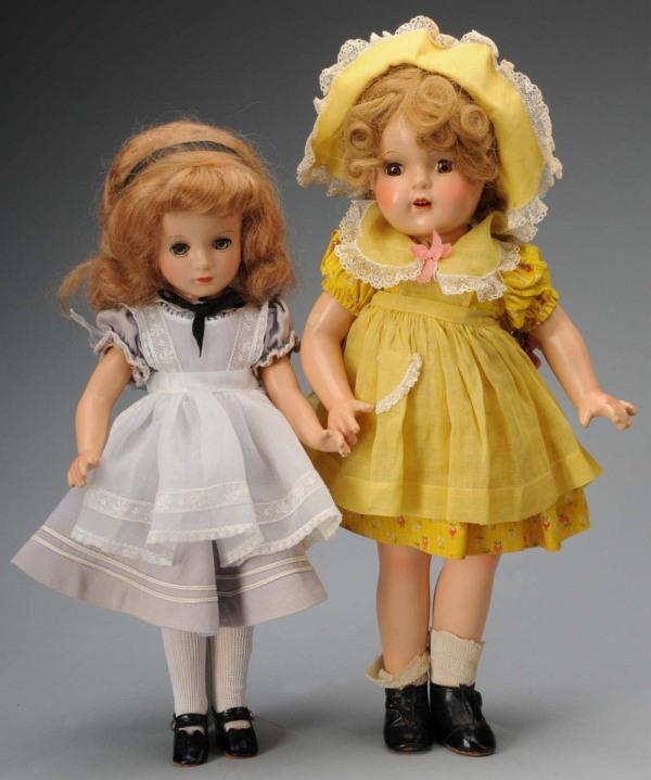 Lot of 2: Madame Alexander Composition Dolls.: American, Ca. 1940s. All composition (both with overall light crazing), "McGuffey Ana" with blonde human hair braids and curly bangs, clear brown lashed sleeping eyes, open mouth with teeth, rosy chee
