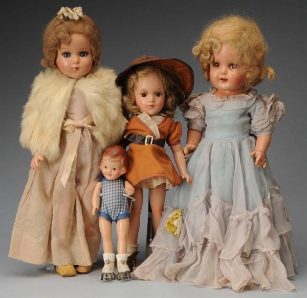 Lot of 4: Composition Dolls.: American, Ca. 1940s. Arranbee "Nancy," blonde mohair wig, lashed blue sleeping eyes, rosy cheeks, open mouth with teeth, original blue satin gown with overlay, undies; Effanbee girl with molded hair a