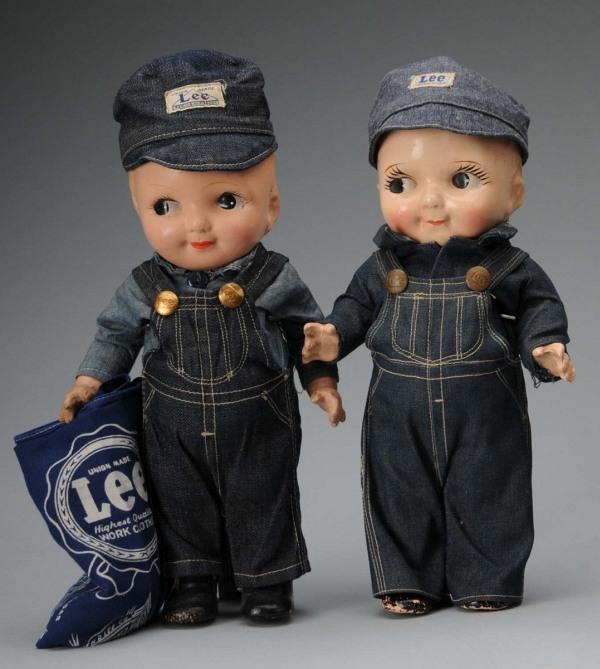 Lot of 2: Composition "Buddy Lee" Dolls.: American, Ca. 1930s. Molded hair, painted eyes with long eyelashes, closed smiling mouths, jointed shoulders, stiff hips, painted boots (wear on fingers, crazing and cracking, wear on shoes). All orig