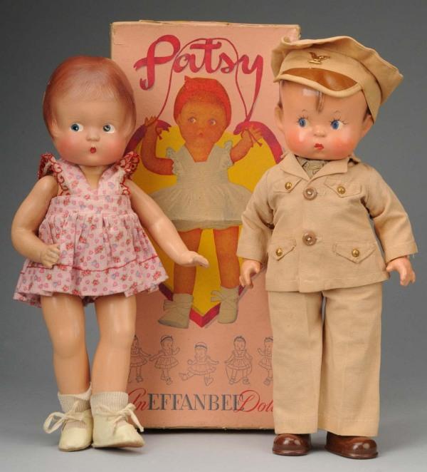Lot of 2: Effanbee Composition Dolls.: Ca. 1930-1940s. 1946 "Patsy" with molded hair, painted eyes (compo peeling on back torso, cracking on head), original dress with attached panty, shoes and socks, in original box. "Skippy" soldier (cra