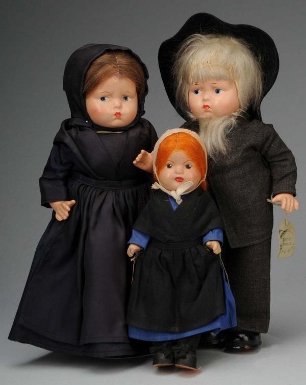 Lot of 3: Marie Pollock Pennsylvania Dutch Dolls.: American, Ca. 1936. 2 Effanbee Baby Grumpy Dolls with composition heads, arms, and molded black boots and cloth bodies, dressed in Pennsylvania Dutch Mennonite costumes by Marie Pollack, all original