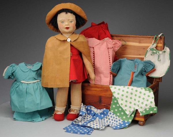 Very Special WPA Milwaukee Project Cloth Doll.: American, Oct 7, 1938 (date stamp on doll). Works Progress Administration. Molded stockinette face with painted features, pink cheeks, original bobbed black yarn hair, cloth body with tabbed arms and 