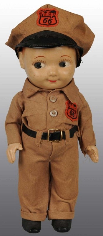 1950s Vintage Buddy Lee Doll.: Hard plastic version, dressed in Phillips 66 Outfit. Includes original hat. 12" T. (Excellent).