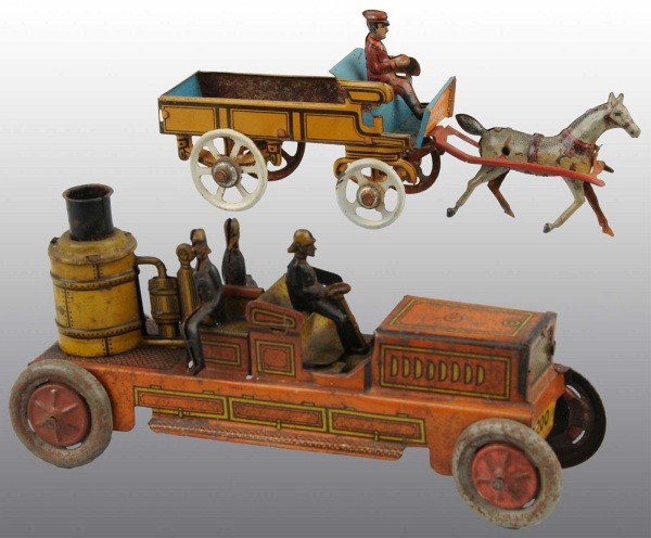 Lot of 2: Tin Litho Vehicle Toys.: German. Includes one penny-size horse-drawn cart with lithographed driver and one nickel-size fire pumper engine marked "CKO" on hood with three lithographed firemen. Nice lithography throughout with 