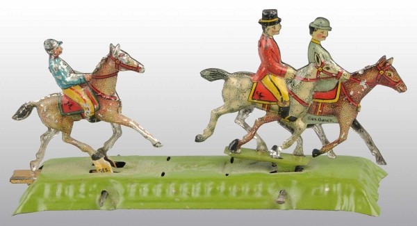 Tin Litho Horse Riding Penny Toy.: German. Scarce. Depicts three horses with riders on platform that rock back and forth when lever is pushed. Legs are all intact and not bent. Nice lithography with minimal wear. 4" L. (Excellent).