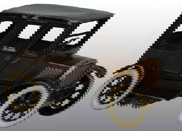 Tin Orobr Car Wind-Up Toy.: German. Working. Scarcer brown color variation of the sedan with opening doors. Small dent to hood and some scuffing to roof. 6" L. (Very Good).