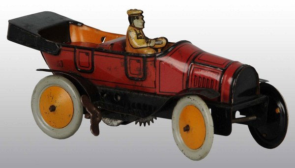 Tin Fischer Open Touring Car Wind-Up Toy: German. Working. Litho driver. Fish mark on passenger side door and marked "Germany". Some minor to moderate overall scratching and wear. 6" L. (Very Good).