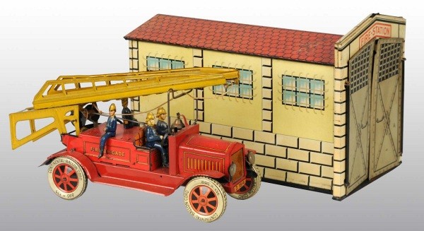 Tin Litho Distler Fire Ladder Truck Wind-Up Toy.: German. Working. Marked "Fire Brigade" on side and tin tires marked "Continental-Balloon Cord". Includes fire station, driver, passenger, and two firemen seated on rear. Some wear to fire engine, espe