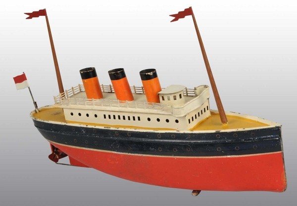 Tin Bing Ocean Liner Boat Clockwork Toy.: German. Working. Three stack ship with original paint on haul and deck. Back flag has been replaced. Some of the "BW" trademark on rear side of deck still remains. Minor wear throughout. 12 - 1/2" L. 