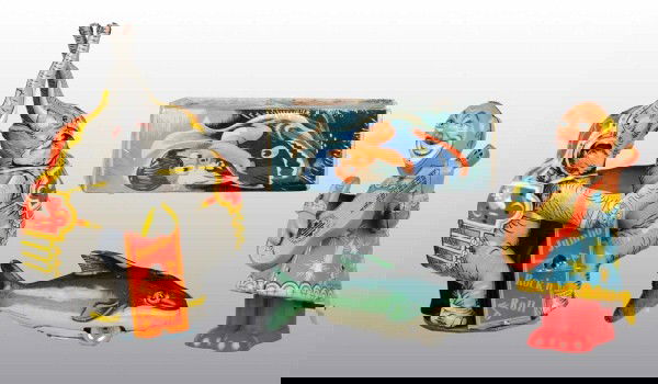 Lot of 3: Tin Character Toys.: German. Working. Includes one friction Fish with original box, one wind-up Jumbo Rock n Roll Elephant toy, and one wind-up Clown Guitarist toy. Elephant and fish marked "US Zone". Some minor scratchin