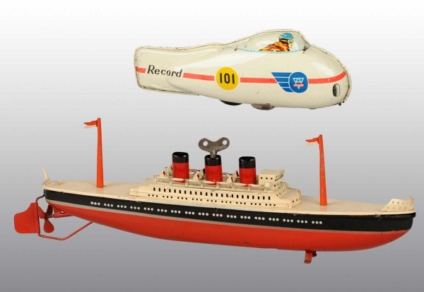 Lot of 2: Tin Arnold Transportation Toys.: German. Working. Includes one wind-up Ocean Liner Boat and one friction Record Land Speed Car. Some scratching and wear throughout. Largest: 13 - 1/4" L. (Very Good).