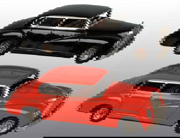 Lot of 2: Tin Mercedes Automobile Wind-Up Toys.: German. Working. Both marked "Made in Western Germany" and one with hood ornament. Includes two different color variations of the same car. Both with dents in hood. Pictured in Dale Kelley's "Collecti