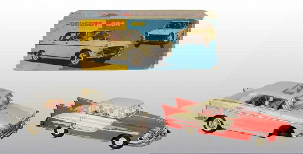 Lot of 2: Tin Joustra Automobile Friction Toys.: French. Working. Includes one Peugeot 404 with sunroof and original box. Some oxidation to front bumper of car. Also includes one vehicle with lithographed people in windows. Some scratching and wear