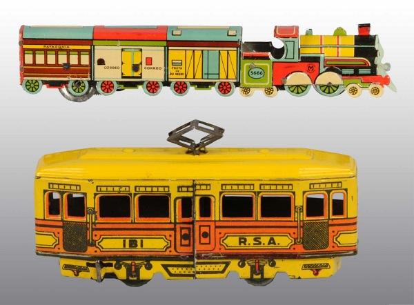 Lot of 2: Tin Litho Vehicle Wind-Up Toys.: Pre-war. Includes one Argentinian train set with engine tender and three passenger cars and one Spanish R.S.A trolley car. Both toys with very nice colorful lithography. Some minor wear overall. Large