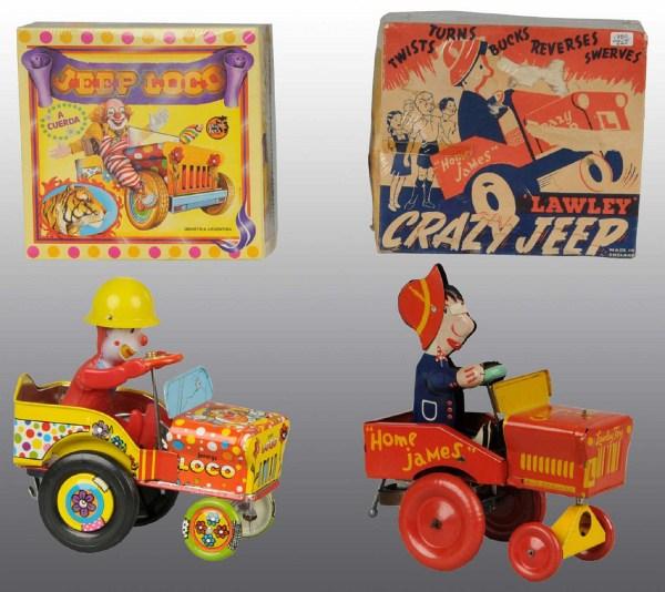 Lot of 2: Tin Litho Whoopee Car Wind-Up Toys.: Includes one English Crazy Jeep and one Argentinian Jeep Loco. Very little wear overall. Includes both original boxes with nice color graphics. English box has some staining and paper loss. Largest: 8