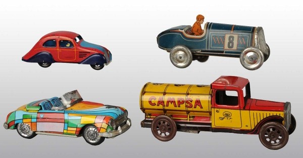 Lot of 4: Tin Foreign-Made Vehicle Toys.: Includes one small Paya Chrysler Airflow, Argentinian friction Chevy Convertible, one Spanish wind-up Gasoline Truck, and one Spanish wind-up Race Car. Largest: 7" L. (Very Good).