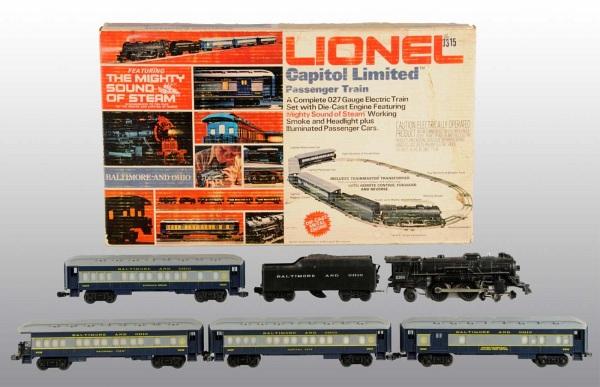 Lionel Capitol Limited Passenger Train Set.: American. Circa 1970s. Set includes no. 8304 steam engine, Baltimore & Ohio Scoop tender, and four Baltimore & Ohio passenger cars. No accessories are present. Includes original box. 26" x 15". (Very 