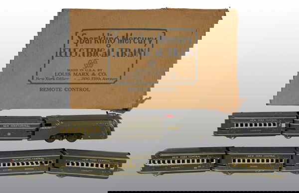 Tin Marx Mercury Passenger Electric Train Set.: American. Includes steam-type train engine, tender marked "New York Central", and five cars consisting of one Detroit, one baggage US Mail, two Cleveland, and one Toledo. Some minor scratching to roof