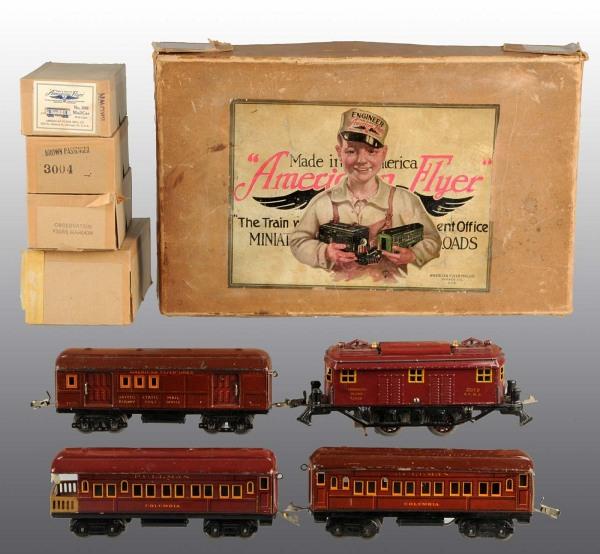 Tinplate American Flyer Passenger Train Set.: O-gauge. Includes no. 3019 electric engine, Columbia pullman car, no. 3000 United Railway Post Office car, and no. 3001 Columbia observation car. Some wear to edges of roofs. Includes track and indivi