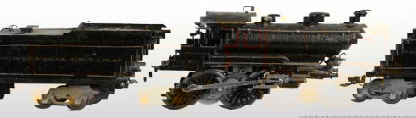 Lot of 2: Marklin Electric Steam Engine & Tender.: German. 1-gauge. Made for the European market. Engine has "MC" plates on one side of cab. Tender is marked "Pennsylvania Central" painted on sides. One small dent to front of boiler and paint has some