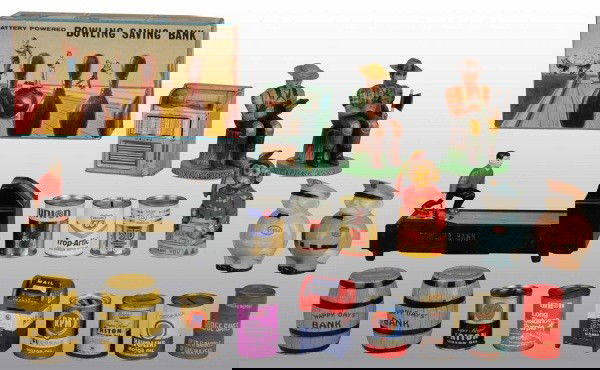 Lot of Tin Litho Savings Bank Toys.: Includes Japanese Jukebox by Haji, battery-operated Bowling bank with original box, Chein Monkey bank, and other miscellaneous still banks. Largest: 12" L. (Very Good).