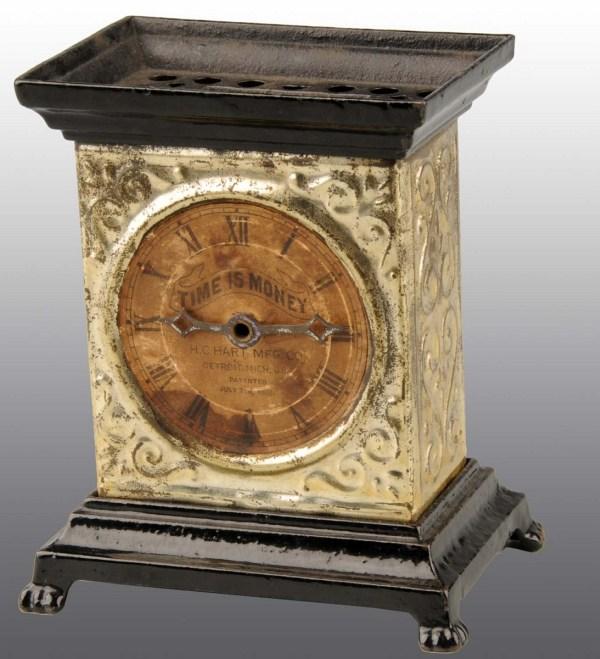 Cast Iron & Tin "Time is Money" Clock Still Bank.: Manufactured by Hart Company. 5" T. (Near Mint).
