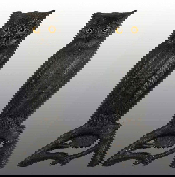 Pair of Cast Iron Owl Andirons with Glass Eyes.: Nice detail and casting. Each: 21" T. (Excellent Plus).