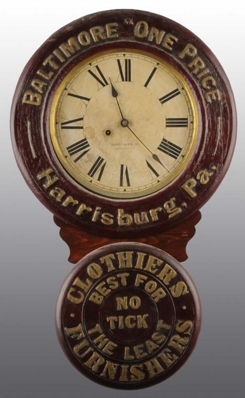 Baltimore Clothiers Baird Clock.: Another clothing clock that's hard to find. Repainted years ago. Original dial hands, movement, and pendulum. Pictured on page 29 of "Baird Advertising Clocks" by Jerry Maltz. 30 - 1/2" x 18 - 1/2" & 