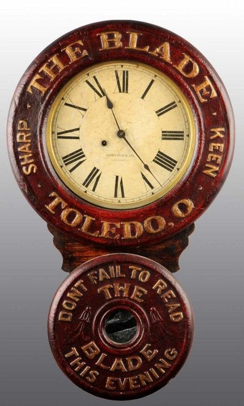 Toledo Blade Baird Clock.: The Blade is still published every morning. A very rare Baird clock. Pictured on page 127 of "Baird Advertising Clocks" by Jerry Maltz. 30 - 1/2" x 18 - 1/2" & 12" paper dial. (Excellent).