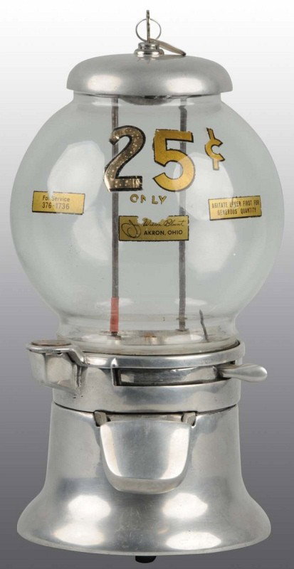 Gumball 25-Cent Coin-Operated Machine.: Working. Metal with glass globe. All but one of the decals appear to be original. Includes original key. (Very Good).